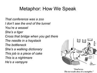 92
Metaphor: How We Speak
That conference was a zoo
I don’t see the end of the tunnel
You’re a weasel
She’s a tiger
Cross that bridge when you get there
The needle in a haystack
The bottleneck
She’s a walking dictionary
This job is a piece of cake
This is a nightmare
He’s a vampyre
 
