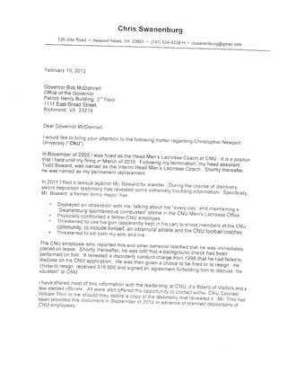 Swanenburg Letter to Gov. McDonnell