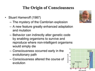 127
The Origin of Consciousness
• Stuart Hameroff (1987)
– The mystery of the Cambrian explosion
– A new feature greatly enhanced adaptation
and mutation
– Behavior can indirectly alter genetic code
by enabling organisms to survive and
reproduce where non-intelligent organisms
would simply die
– Consciousness occurred early in the
evolutionary path
– Consciousness altered the course of
evolution
 