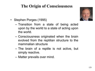 129
The Origin of Consciousness
• Stephen Porges (1995)
– Transition from a state of being acted
upon by the world to a state of acting upon
the world.
– Consciousness originated when the brain
evolved from the reptilian structure to the
mammalian structure
– The brain of a reptile is not active, but
simply reactive.
– Matter prevails over mind.
 