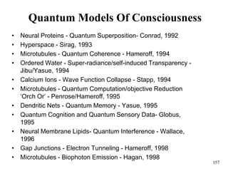 157
Quantum Models Of Consciousness
• Neural Proteins - Quantum Superposition- Conrad, 1992
• Hyperspace - Sirag, 1993
• Microtubules - Quantum Coherence - Hameroff, 1994
• Ordered Water - Super-radiance/self-induced Transparency -
Jibu/Yasue, 1994
• Calcium Ions - Wave Function Collapse - Stapp, 1994
• Microtubules - Quantum Computation/objective Reduction
‘Orch Or’ - Penrose/Hameroff, 1995
• Dendritic Nets - Quantum Memory - Yasue, 1995
• Quantum Cognition and Quantum Sensory Data- Globus,
1995
• Neural Membrane Lipids- Quantum Interference - Wallace,
1996
• Gap Junctions - Electron Tunneling - Hameroff, 1998
• Microtubules - Biophoton Emission - Hagan, 1998
 