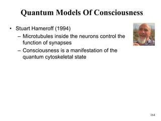 164
Quantum Models Of Consciousness
• Stuart Hameroff (1994)
– Microtubules inside the neurons control the
function of synapses
– Consciousness is a manifestation of the
quantum cytoskeletal state
 