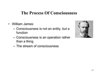 17
The Process Of Consciousness
• William James:
– Consciousness is not an entity, but a
function
– Consciousness is an operation rather
than a thing
– The stream of consciousness
 