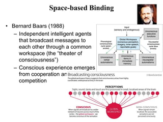 21
Space-based Binding
• Bernard Baars (1988)
– Independent intelligent agents
that broadcast messages to
each other through a common
workspace (the “theater of
consciousness”)
– Conscious experience emerges
from cooperation and
competition
 