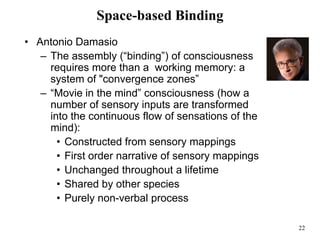 22
Space-based Binding
• Antonio Damasio
– The assembly (“binding”) of consciousness
requires more than a working memory: a
system of "convergence zones”
– “Movie in the mind” consciousness (how a
number of sensory inputs are transformed
into the continuous flow of sensations of the
mind):
• Constructed from sensory mappings
• First order narrative of sensory mappings
• Unchanged throughout a lifetime
• Shared by other species
• Purely non-verbal process
 