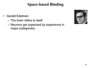 26
Space-based Binding
• Gerald Edelman
– The brain refers to itself
– Neurons get organized by experience in
maps (categories)
 