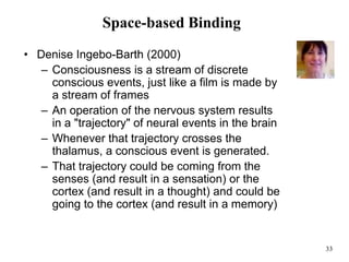33
Space-based Binding
• Denise Ingebo-Barth (2000)
– Consciousness is a stream of discrete
conscious events, just like a film is made by
a stream of frames
– An operation of the nervous system results
in a "trajectory" of neural events in the brain
– Whenever that trajectory crosses the
thalamus, a conscious event is generated.
– That trajectory could be coming from the
senses (and result in a sensation) or the
cortex (and result in a thought) and could be
going to the cortex (and result in a memory)
 