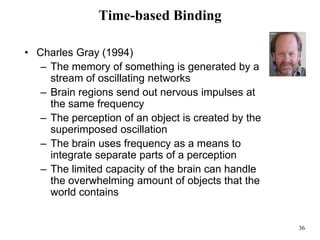 36
Time-based Binding
• Charles Gray (1994)
– The memory of something is generated by a
stream of oscillating networks
– Brain regions send out nervous impulses at
the same frequency
– The perception of an object is created by the
superimposed oscillation
– The brain uses frequency as a means to
integrate separate parts of a perception
– The limited capacity of the brain can handle
the overwhelming amount of objects that the
world contains
 
