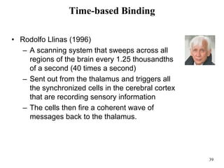 39
Time-based Binding
• Rodolfo Llinas (1996)
– A scanning system that sweeps across all
regions of the brain every 1.25 thousandths
of a second (40 times a second)
– Sent out from the thalamus and triggers all
the synchronized cells in the cerebral cortex
that are recording sensory information
– The cells then fire a coherent wave of
messages back to the thalamus.
 
