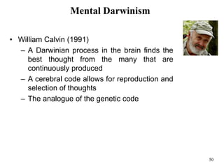 50
Mental Darwinism
• William Calvin (1991)
– A Darwinian process in the brain finds the
best thought from the many that are
continuously produced
– A cerebral code allows for reproduction and
selection of thoughts
– The analogue of the genetic code
 
