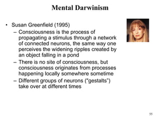 55
Mental Darwinism
• Susan Greenfield (1995)
– Consciousness is the process of
propagating a stimulus through a network
of connected neurons, the same way one
perceives the widening ripples created by
an object falling in a pond
– There is no site of consciousness, but
consciousness originates from processes
happening locally somewhere sometime
– Different groups of neurons ("gestalts”)
take over at different times
 
