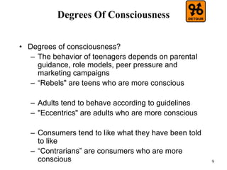 9
Degrees Of Consciousness
• Degrees of consciousness?
– The behavior of teenagers depends on parental
guidance, role models, peer pressure and
marketing campaigns
– “Rebels" are teens who are more conscious
– Adults tend to behave according to guidelines
– "Eccentrics" are adults who are more conscious
– Consumers tend to like what they have been told
to like
– “Contrarians” are consumers who are more
conscious
 