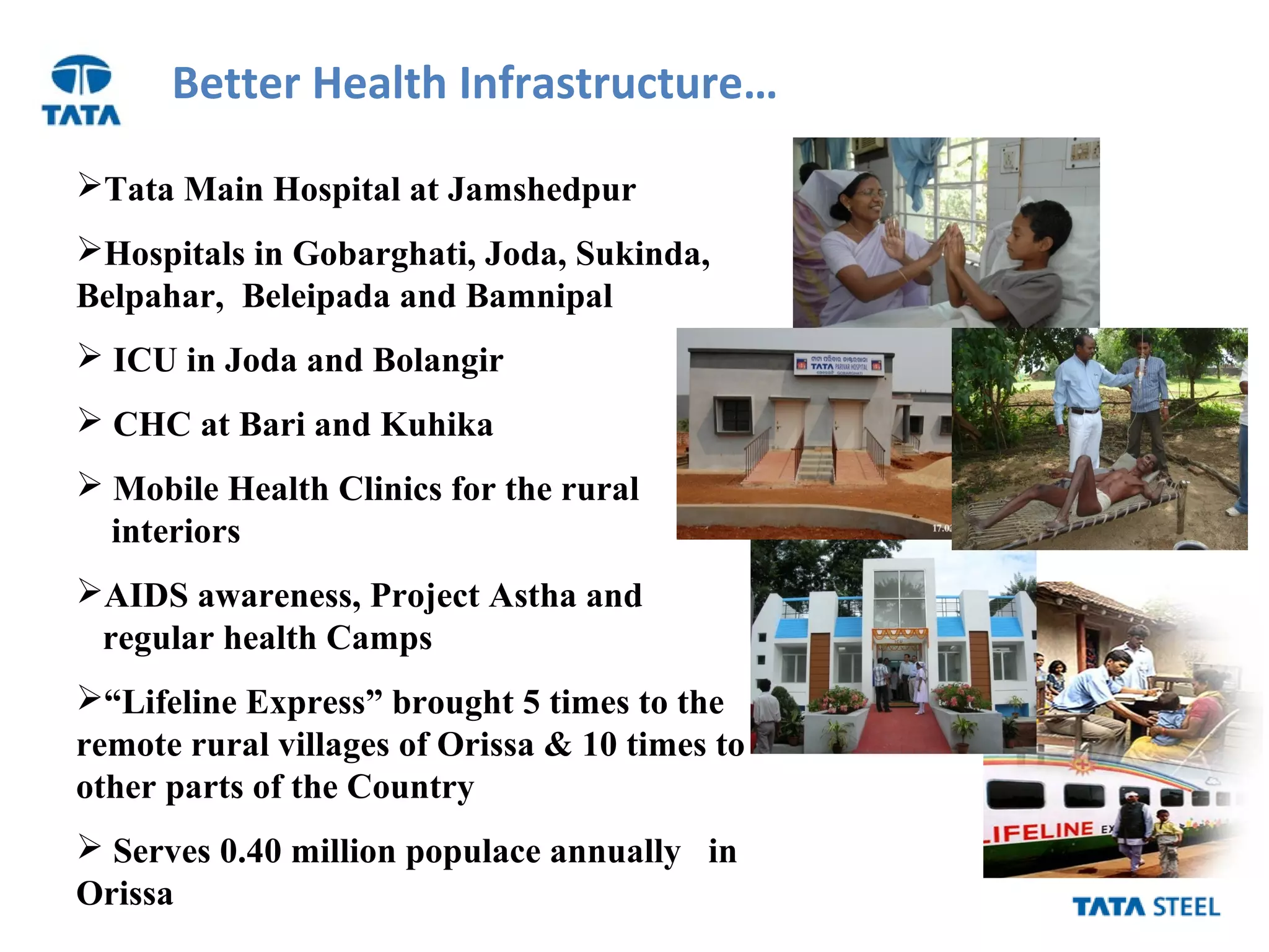 Better Health Infrastructure…
Tata Main Hospital at Jamshedpur
Hospitals in Gobarghati, Joda, Sukinda,
Belpahar, Beleipada and Bamnipal
 ICU in Joda and Bolangir
 CHC at Bari and Kuhika
 Mobile Health Clinics for the rural
interiors
AIDS awareness, Project Astha and
regular health Camps
“Lifeline Express” brought 5 times to the
remote rural villages of Orissa & 10 times to
other parts of the Country
 Serves 0.40 million populace annually in
Orissa
 