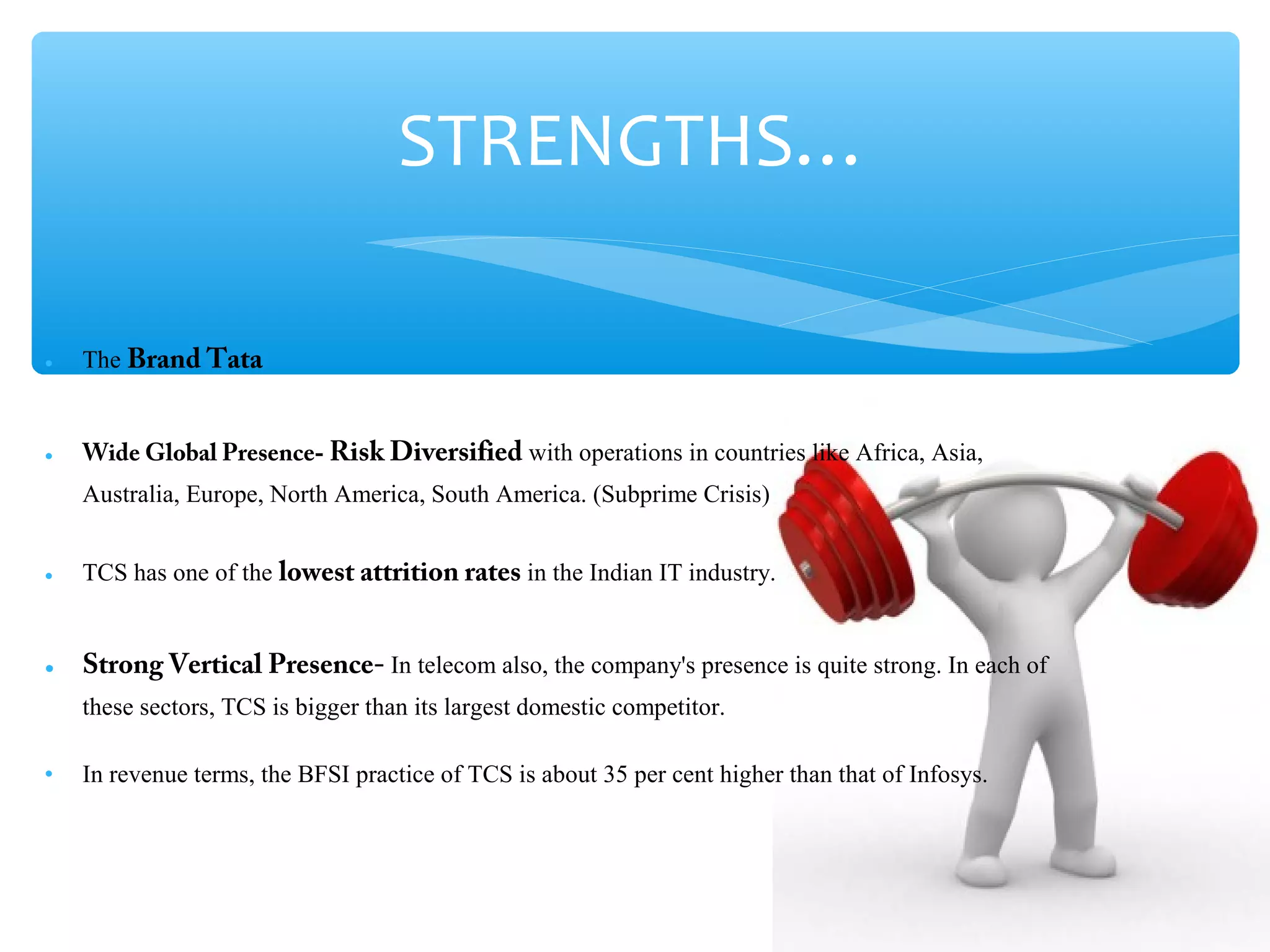 • The Brand Tata 
STRENGTHS… 
• Wide Global Presence- Risk Diversified with operations in countries like Africa, Asia, 
Australia, Europe, North America, South America. (Subprime Crisis) 
• TCS has one of the lowest attrition rates in the Indian IT industry. 
• Strong Vertical Presence- In telecom also, the company's presence is quite strong. In each of 
these sectors, TCS is bigger than its largest domestic competitor. 
• In revenue terms, the BFSI practice of TCS is about 35 per cent higher than that of Infosys. 
 