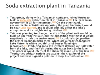  Tata group, along with a Tanzanian company, joined forces to
build a soda ash extraction plant in Tanzania.[40] The Tanzanian
government is all for the project.[40] On the other hand,
environmental activists are opposing the plant because it would
be near Lake Natron, and it could possibly affect the lake's
ecosystem and its neighbouring dwellers.[41]
 Tata was planning to change the site of the plant so it would be
built 32 km from the lake, but the opposition still thinks it would
negatively disturb the environment.[41] It could also jeopardise
the Lesser Flamingo birds there, which are already endangered.
Lake Natron is where two thirds of Lesser Flamingos
reproduce.[42] Producing soda ash involves drawing out salt water
from the lake, and then disposing the water back to the lake.
This process could interrupt the chemical make up of the lake.[40]
Twenty-two African nations are against the creation of the
project and have signed a petition to stop its construction.[40]
 