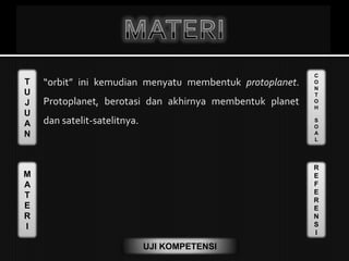 T
U
J
U
A
N
M
A
T
E
R
I
C
O
N
T
O
H
S
O
A
L
R
E
F
E
R
E
N
S
I
UJI KOMPETENSI
“orbit” ini kemudian menyatu membentuk protoplanet.
Protoplanet, berotasi dan akhirnya membentuk planet
dan satelit-satelitnya.
 