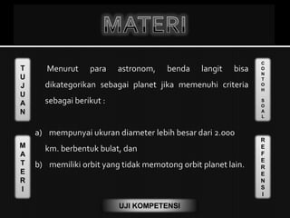 T
U
J
U
A
N
M
A
T
E
R
I
C
O
N
T
O
H
S
O
A
L
R
E
F
E
R
E
N
S
I
UJI KOMPETENSI
Menurut para astronom, benda langit bisa
dikategorikan sebagai planet jika memenuhi criteria
sebagai berikut :
a) mempunyai ukuran diameter lebih besar dari 2.000
km. berbentuk bulat, dan
b) memiliki orbit yang tidak memotong orbit planet lain.
 