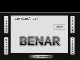 T
U
J
U
A
N
M
A
T
E
R
I
C
O
N
T
O
H
S
O
A
L
R
E
F
E
R
E
N
S
I
UJI KOMPETENSI
 JawabanAnda :
LANJUT
 