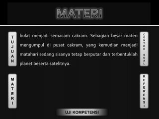 T
U
J
U
A
N
M
A
T
E
R
I
C
O
N
T
O
H
S
O
A
L
R
E
F
E
R
E
N
S
I
UJI KOMPETENSI
 bulat menjadi semacam cakram. Sebagian besar materi
mengumpul di pusat cakram, yang kemudian menjadi
matahari sedang sisanya tetap berputar dan terbentuklah
planet beserta satelitnya.
 