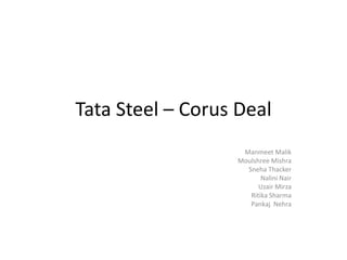 Tata Steel – Corus Deal
Manmeet Malik
Moulshree Mishra
Sneha Thacker
Nalini Nair
Uzair Mirza
Ritika Sharma
Pankaj Nehra

 