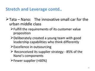 Stretch and Leverage contd..

 Tata – Nano: The innovative small car for the
  urban middle class
  Fulfill the requirements of its customer value
   proposition
  Deliberately created a young team with good
   leadership capabilities who think differently
  Excellence in outsourcing
   Reconceived its supplier strategy - 85% of the
   Nano’s components
  Fewer supplier (<60%)
                                                     28
 