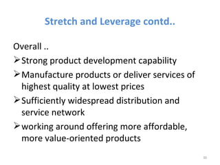 Stretch and Leverage contd..

Overall ..
 Strong product development capability
 Manufacture products or deliver services of
  highest quality at lowest prices
 Sufficiently widespread distribution and
  service network
 working around offering more affordable,
  more value-oriented products
                                                30
 