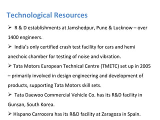 Technological Resources
 R & D establishments at Jamshedpur, Pune & Lucknow – over
1400 engineers.
 India’s only certified crash test facility for cars and hemi
anechoic chamber for testing of noise and vibration.
 Tata Motors European Technical Centre (TMETC) set up in 2005
– primarily involved in design engineering and development of
products, supporting Tata Motors skill sets.
 Tata Daewoo Commercial Vehicle Co. has its R&D facility in
Gunsan, South Korea.
 Hispano Carrocera has its R&D facility at Zaragoza in Spain.
 