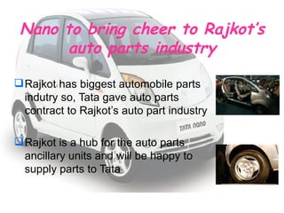 Nano to bring cheer to Rajkot’s auto parts industry Rajkot has biggest automobile parts indutry so, Tata gave auto parts contract to Rajkot’s auto part industry Rajkot is a hub for the auto parts ancillary units and will be happy to supply parts to Tata 