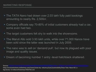 MARKETING RESPONSE
▸The TATA Nano had drawn over 2.03 lakh fully paid bookings
amounting to nearly Rs. 2,500cr.
▸Company officials say 70-80% of initial customers already had a car,
some even had two.
▸The target customers felt shy to walk into the showrooms.
▸The Maruti Alto sold 3.93 lakh units, while over 71,000 Nanos have
been sold since the latter was launched in July 2009.
▸The nano was to sell on ‘demand pull’, but now its plagued with poor
image and quality issues.
▸Dream of becoming number 1 entry -level hatchback shattered.
Source: http://www.nytimes.com/2010/12/10/business/global/10tata.html?_r=3&amp;src=me&amp;ref=business&amp
http://economictimes.indiatimes.com/news/news-by- industry/auto/automobiles/How-Tata- Nano-hit- a-
big-bump- in-India/articleshow/7032762.cms
 