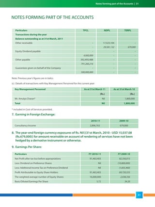 NOTES FORMING PART OF THE ACCOUNTS
Notes forming part of the Accounts | 31
Note: Previous year's figures are in italics
(c) Details of transactions with Key Management Personnel for the current year:
* included in Cost of Services provided.
7. Earning in Foreign Exchange:
8. The year-end foreign currency exposures of Rs. Nil [(31st March, 2010 - USD 15,037.08
(Rs.679,000)] for amount receivable on account of rendering of services have not been
hedged by a derivative instrument or otherwise.
9. Earnings Per Share:
Key Management Personnel As at 31st March 11 As at 31st March 10
(Rs.) (Rs.)
Mr. Amulya Charan* Nil 1,800,000
Total Nil 1,800,000
Particulars TPCL NDPL TERPL
Transactions during the year
Balance outstanding as at 31st March, 2011
Other receivable - 17,523,104 -
- 29,581,132 679,000
Equity Dividend payable - - -
4,000,000 - -
Other payable 392,493,488 - -
791,260,216 - -
Guarantees given on behalf of the Company - - -
500,000,000 - -
Particulars FY 2010-11 FY 2009-10
Net Profit after tax but before appropriations 91,463,403 82,356,015
Less: Dividend on Preference Shares Nil (10,800,000)
Less: Additional Income Tax on Preference Dividend Nil (1,835,460)
Profit Attributable to Equity Share Holders 91,463,403 69,720,555
The weighted average number of Equity Shares 16,000,000 2,038,356
Basic/Diluted Earnings Per Share 5.72 34.20
2010-11 2009-10
Consultancy Income 2,896,763 679,000
31
 