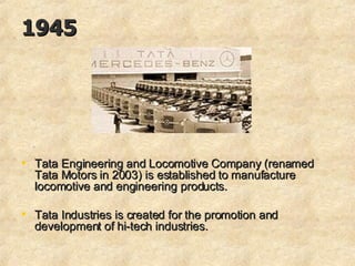 1945   Tata Engineering and Locomotive Company (renamed Tata Motors in 2003) is established to manufacture locomotive and engineering products.  Tata Industries is created for the promotion and development of hi-tech industries.  