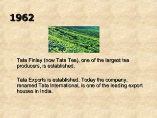 1962   Tata Finlay (now Tata Tea), one of the largest tea producers, is established.  Tata Exports is established. Today the company, renamed Tata International, is one of the leading export houses in India.  