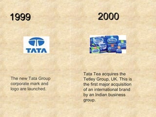 1999  The new Tata Group corporate mark and logo are launched.  2000 Tata Tea acquires the Tetley Group, UK. This is the first major acquisition of an international brand by an Indian business group.  