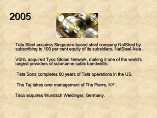 2005   Tata Steel acquires Singapore-based steel company NatSteel by subscribing to 100 per cent equity of its subsidiary, NatSteel Asia . VSNL acquired Tyco Global Network, making it one of the world's largest providers of submarine cable bandwidth. Tata Sons completes 60 years of Tata operations in the US. The Taj takes over management of The Pierre, NY . Taco acquires Wundsch Weidinger, Germany. 
