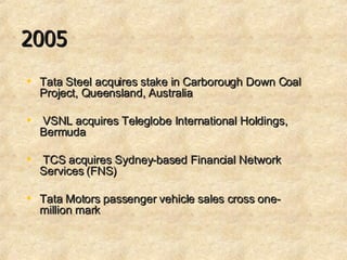 2005 Tata Steel acquires stake in Carborough Down Coal Project, Queensland, Australia VSNL acquires Teleglobe International Holdings, Bermuda TCS acquires Sydney-based Financial Network Services (FNS)  Tata Motors passenger vehicle sales cross one-million mark  