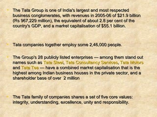 The Tata Group is one of India's largest and most respected business conglomerates, with revenues in 2005-06 of $21.9 billion (Rs 967,229 million), the equivalent of about 2.8 per cent of the country's GDP, and a market capitalisation of $55.1 billion.  Tata companies together employ some 2,46,000 people.  The Group's 28 publicly listed enterprises — among them stand out names such as  Tata  Steel ,  Tata  Consultancy Services ,  Tata  Motors  and  Tata  Tea  — have a combined market capitalisation that is the highest among Indian business houses in the private sector, and a shareholder base of over  2 million  The Tata family of companies shares a set of five core values: integrity, understanding, excellence, unity and responsibility.  