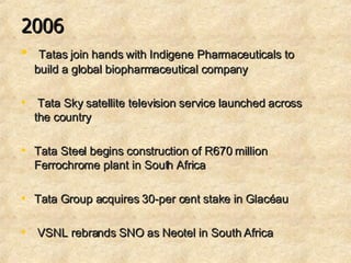 2006 Tatas join hands with Indigene Pharmaceuticals to build a global biopharmaceutical company Tata Sky satellite television service launched across the country  Tata Steel begins construction of R670 million Ferrochrome plant in South Africa  Tata Group acquires 30-per cent stake in Glacéau VSNL rebrands SNO as Neotel in South Africa 