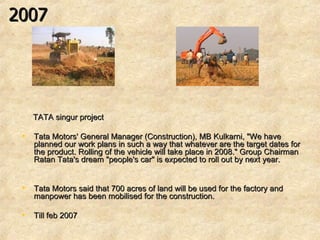 2007 TATA singur project Tata Motors' General Manager (Construction), MB Kulkarni, "We have planned our work plans in such a way that whatever are the target dates for the product. Rolling of the vehicle will take place in 2008." Group Chairman Ratan Tata's dream "people's car" is expected to roll out by next year. Tata Motors said that 700 acres of land will be used for the factory and manpower has been mobilised for the construction. Till feb 2007 