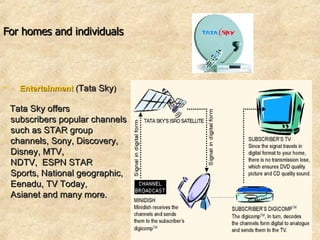 For homes and individuals    Entertainment  ( Tata Sky ) Tata Sky offers subscribers popular channels such as STAR group  channels, Sony, Discovery, Disney, MTV,  NDTV,  ESPN STAR Sports, National geographic, Eenadu, TV Today,  Asianet and many more.  
