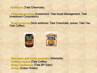   Fertilisers  (Tata Chemicals)   Financial services  (investment: Tata Asset Management, Tata Investment Corporation)   Food products  (food additives: Tata Chemicals; spices: Tata Tea, Tata Coffee)    Garments and home products  (Westside)   Holiday homes  (Tata Coffee)  Home appliances  (Tata BP Solar)     Hotels  (Indian Hotels)    