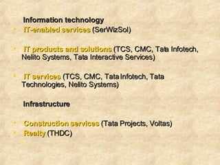 Information technology  IT-enabled services  (SerWizSol) IT products and solutions  (TCS, CMC, Tata Infotech, Nelito Systems, Tata Interactive Services) IT services  (TCS, CMC, Tata Infotech, Tata Technologies, Nelito Systems)   Infrastructure Construction services  (Tata Projects, Voltas) Realty  (THDC)  