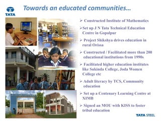 20
Towards an educated communities…
 Constructed Institute of Mathematics
Set up J N Tata Technical Education
Centre in ...