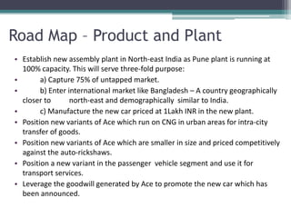 Road Map – Product and Plant
• Establish new assembly plant in North-east India as Pune plant is running at
  100% capacity. This will serve three-fold purpose:
•       a) Capture 75% of untapped market.
•       b) Enter international market like Bangladesh – A country geographically
  closer to       north-east and demographically similar to India.
•       c) Manufacture the new car priced at 1Lakh INR in the new plant.
• Position new variants of Ace which run on CNG in urban areas for intra-city
  transfer of goods.
• Position new variants of Ace which are smaller in size and priced competitively
  against the auto-rickshaws.
• Position a new variant in the passenger vehicle segment and use it for
  transport services.
• Leverage the goodwill generated by Ace to promote the new car which has
  been announced.
 