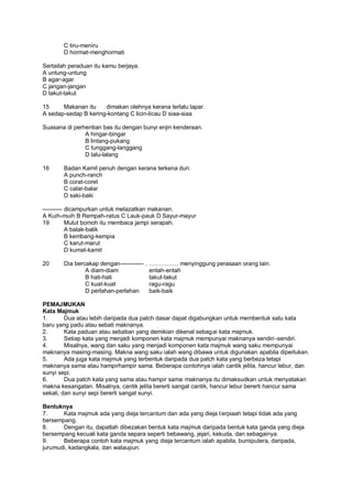 C tiru-meniru
       D hormat-menghormati

Sertailah peraduan itu kamu berjaya.
A untung-untung
B agar-agar
C jangan-jangan
D takut-takut

15     Makanan itu    dimakan olehnya kerana terlalu lapar.
A sedap-sedap B kering-kontang C licin-licau D siaa-siaa

Suasana di perhentian bas itu dengan bunyi enjin kenderaan.
               A hingar-bingar
               B lintang-pukang
               C tunggang-langgang
               D lalu-lalang

16     Badan Kamil penuh dengan kerana terkena duri.
       A punch-ranch
       B corat-coret
       C calar-balar
       D saki-baki

---------- dicampurkan untuk melazatkan makanan.
A Kuih-muih B Rempah-ratus C Lauk-pauk D Sayur-mayur
19         Mulut bomoh itu membaca jampi serapah.
           A balak-balik
           B kembang-kempia
           C karut-marut
           D kumat-kamit

20     Dia bercakap dengan------------   .               menyinggung perasaan orang lain.
               A diam-diam                   entah-entah
               B hati-hati                   takut-takut
               C kuat-kuat                   ragu-ragu
               D perlahan-perlahan           baik-baik

PEMAJMUKAN
Kata Majmuk
1.       Dua atau lebih daripada dua patch dasar dapat digabungkan untuk membentuk satu kata
baru yang padu atau sebati maknanya.
2.       Kata paduan atau sebatian yang demikian dikenal sebag ai kata majmuk.
3.       Setiap kata yang menjadi komponen kata majmuk mempunyai maknanya sendiri -sendiri.
4.       Misalnya, wang dan saku yang menjadi komponen kata majmuk wang saku mempunyai
maknanya masing-masing. Makna wang saku ialah wang dibawa untuk digunakan apabila diperlukan.
5.       Ada juga kata majmuk yang terbentuk daripada dua patch kata yang berbeza tetapi
maknanya sama atau hampirhampir sama. Beberapa contohnya ialah cantik jelita, hancur lebur, dan
sunyi sepi.
6.       Dua patch kata yang sama atau hampir sama maknanya itu dimaksudkan untuk menyatakan
makna kesangatan. Misalnya, cantik jelita bererti sangat cantik, hancur lebur bererti hancur sama
sekali, dan sunyi sepi bererti sangat sunyi.

Bentuknya
7.     Kata majmuk ada yang dieja tercantum dan ada yang dieja t erpiaah tetapi tidak ada yang
bersempang.
8.     Dengan itu, dapatlah dibezakan bentuk kata majmuk daripada bentuk kata ganda yang dieja
bersempang kecuali kata ganda separa seperti bebawang, jejari, kekuda, dan sebagainya.
9.     Beberapa contoh kata majmuk yang dieja tercantum ialah apabila, bumiputera, daripada,
jurumudi, kadangkala, dan walaupun.
 