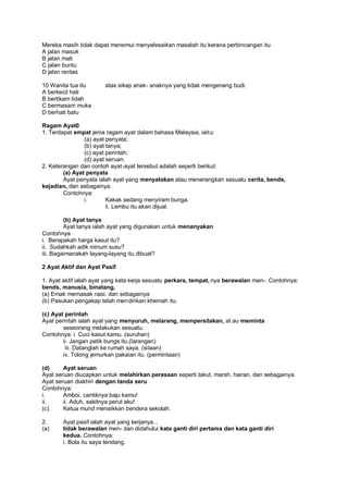 Mereka masih tidak dapat menemui menyelesaikan masalah itu kerana perbincangan itu
A jalan masuk
B jalan mati
C jalan buntu
D jalxn rentas

10 Wanita tua itu      atas sikap anak- anaknya yang tidak mengenang budi.
A berkecil hati
B bertikam lidah
C bermasam muka
D berhati batu

Ragam Ayat0
1. Terdapat empat jenia ragam ayat dalam bahasa Malaysia, iaitu:
                (a) ayat penyata;
                (b) ayat tanya;
                (c) ayat perintah;
                (d) ayat seruan.
2. Keterangan dan contoh ayat-ayat tersebut adalah seperti berikut:
        (a) Ayat penyata
        Ayat penyata ialah ayat yang menyatakan atau menerangkan sesuatu cerita, bends,
kejadian, dan sebagainya.
        Contohnya:
                i.       Kakak sedang menyiram bunga.
                         ii. Lembu itu akan dijual.

         (b) Ayat tanya
         Ayat tanya ialah ayat yang digunakan untuk menanyakan
Contohnya
i. Berapakah harga kasut itu?
ii. Sudahkah adik minum susu?
iii. Bagaimanakah layang-layang itu dibuat?

2 Ayat Aktif dan Ayat Pasif

1. Ayat aktif ialah ayat yang kata kerja sesuatu perkara, tempat, nya berawalan men-. Contohnya:
bends, manusia, binatang,
(a) Emak memasak nasi. dan sebagainya
(b) Pasukan pengakap telah mendirikan khemah itu.

(c) Ayat perintah
Ayat perintah ialah ayat yang menyuruh, melarang, mempersilakan, at au meminta
        seseorang melakukan sesuatu.
Contohnya: i. Cuci kasut kamu. (suruhan)
        ii. Jangan petik bungs itu.(Iarangan)
         iii. Datanglah ke rumah saya. (silaan)
        iv. Tolong jemurkan pakaian itu. (permintaan)

(d)     Ayat seruan
Ayat seruan diucapkan untuk melahirkan perasaan seperti takut, marsh, hairan, dan sebagainya.
Ayat seruan diakhiri dengan tanda seru
Contohnya:
i.      Amboi, cantiknya baju kamu!
ii.     ii. Aduh, sakitnya perut aku!
(c)     Ketua murid menaikkan bendera sekolah.

2.     Ayat pasif ialah ayat yang kerjanya...
(a)    tidak berawalan men- dan didahului kata ganti diri pertama dan kata ganti diri
       kedua. Contohnya:
       i. Bola itu saya tendang.
 