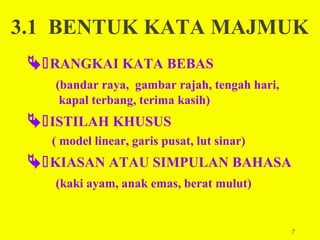 3.1 BENTUK KATA MAJMUK
  RANGKAI KATA BEBAS
    (bandar raya, gambar rajah, tengah hari,
     kapal terbang, terima kasih)
  ISTILAH KHUSUS
   ( model linear, garis pusat, lut sinar)
  KIASAN ATAU SIMPULAN BAHASA
    (kaki ayam, anak emas, berat mulut)


                                               7
 