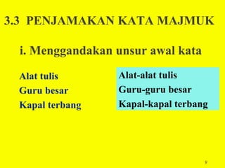 3.3 PENJAMAKAN KATA MAJMUK

 i. Menggandakan unsur awal kata
 Alat tulis      Alat-alat tulis
 Guru besar      Guru-guru besar
 Kapal terbang   Kapal-kapal terbang




                                   9
 