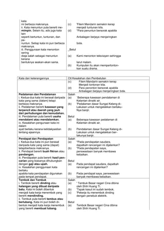 kata
  ini berbeza maknanya.                   (c)      'Filem Mandarin semakin kerap
  ii. Kata menuntun pula bererti me-               menjadi tuntunan kits.
  mimpin. Selain itu, ads jugs kata       (d)      *Para penuntun bersorak apabila
  lain
  seperti bertuntun, tuntunan, dan                 Anbalagan berjaya menjaringkan
  pe-
  nuntun. Setiap kata ini pun berbeza              bola.
  maknanya.
  iii. Penggunaan kata menonton           _Betul
  sering
  dieja salah sebagai menuntun            (a)      Kami menonton televiayen sehingga
  kerana
  bentuknya seakan-akan sama.                      larut malam.
                                          (b)      Kumpulan itu akan mempertonton-
                                                   kan suatu drama.


Kata dan keterangannya                    Ctt Kesalahan dan Pembetulan
                                          (c)      Filem Mandarin semakin kerap
                                                   Menjadi tontonan kita.
                                          (d)      Para penonton bersorak apabila
                                                   Anbalagan berjaya menjaringkan bola.
Pedalaman dan Pendalaman                  Salah
i. Kedua-dua kata ini berasal daripada    (a)    `Beberapa kawasan pendalaman di
kata yang sama (dalam) tetapi                    Kelantan dinaiki air.
berbeza maknanya.                         (b)    'Pedalaman dasar Sungai Kelang di-
ii. Pedalaman bererti kawasan yang               Lakukan untuk mengelakkan berlaku-
terpencil atau daerah yang jauh                  Nya banjir.
dari perhubungan dan kemudahan.
iii. Pendalaman pula bererti usaha        Betul
mendalami atau mendalamkan.               (a)   Beberapa kawasan pedalaman di
iv. Kesalahan pengunaan kata ini                Kelantan dinaiki air.
dalam
ayat berlaku kerana ketidakpastian        (b)      Pendalaman dasar Sungai Kelang di-
tentang ejaannya.                                  Lakukan untuk mengelakkan ber-
                                                   lakunya banjir.
Pendapat dan Pendapatan                   Salah
i. Kedua-dua kata ini pun berasal         (a)   *Pada pendapatan saudara,
daripada kata yang sama (dapat)                 dapatkah rancangan ini dijalankan?
tetapiberbeza maknanya.                   (b)   "Pada pendapatan saya,
ii. Pendapat bererti buah fikiran atau          penswastaan banyak membawa
pandangan.                                      kebaikan.
iii. Pendapatan pula bererti hasil pen-
carian yang biasanya dihubungkan          Betul
dengan gaji atau upah.                    (a)   Pada pendapat saudara, dapatkah
iv. Kesalahan penggunaan kata                   rancangan ini dijalankan?
berlaku
apabila kata pendapatan digunakan         (b)      Pada pendapat saya, penswastaan
pada tempat pendapat.                              banyak membawa kebaikan.
Tembok dan Tembuk                         Salah
i. Tembok bererti dinding atau            (a)   ' Tembuk Besar negeri Cina dibina
halangan yang dibuat daripada                   oleh Shih Huang Ti.
batu. Kata ini boleh dibentuk             (b)   'Tapak kasut ini sudah tembok.
menjadi kata kerja menembok yang          (c)   'Pekerja itu menembok dinding
bererti mendinding.                             dengan penebuk elektrik.
ii. Tembuk pula bererti tembus atau
berlubang. Kata ini pun boleh di-         Betul
bentuk menjadi kata kerja menembuk        (a)   Tembok Besar negeri Cina dibina
yang bererti membuat lubang.                    oleh Shih Huang Ti.
 