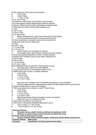 IV Bas yang kami naiki nyaria-nyaria terbabas.
A          I dan II saja
B          II dan IV saja
C          1, II dan IV saja
D II, III, dan IV saja
4 I Pembinaan Lebuh Raya Utara-Selatan sudah berakbir.
II Dia menunggang dengan tergesa-gesa basikal ke sekolah.
III Mereka-mereka yang menyertai rombongan itu kelihatan letih.
IV Beberapa pintu kedai musnah dalam kebakaran itu.
A I saja
B I dan IV saja
C III dan IV saja
D I, III, dan IV saja
5I         Selain membaca buku, saya suka memancing di masa lapang.
II         Ah Fat membimbing basikal itu kerana tayarnya pancit.
III Prows penghijrahan merupakan suatu perkara yang lumrah.
IV Baju adik yang koyak An kakak jahit.
A III raja
B III dan IV saja
C I, II, dan III saja
D I, II, III, dan IV
6I         Menteri Besar turut menghadiri di majlia itu.
II         Para pelajar diaeru agar sentiasa menjaga name baik sekolah.
III Novel yang sedang dibacanya itu bukan 10 kepunyaannya.
IV Berapa bush rumahkah yang musnah dalam kebakaran itu?
A I dan IV saja
B II dan III saja
C I, II, dan III saja
D II, III, dan IV saja
Kerja melebarkan jalan itu dijalankan secara gotong -royong.
II         Keindahan clam sekitar harus kita kekalkan.
III Tong Fong Kedai Kain itu mengadakan jualan murah.
IV Kapal terbang dari London itu sedang mendarat.
A          I dan II saja
B          III dan IV raja
C          I, II, dan IV saja
D          II, III, dan IV saja

I        Kita perlu rajin membaca untuk memperoleh pengetahuan yang mendalam.
II       Setiap pengguna berhak melaporkan kecurangan peniaga kepada pihak yang berkuasa.
III Segala nasihat nenek itu saya akan mengikut.
IV "Apa yang sedang kamu lakukan, Azwani?" tanya ibunya.
A        I dan II saja
B        II dan III saja
C        I, II, dan IV saja
D        II, III, dan IV saja
I        Mereka berbincang tentang rancangan semasa cuti sekolah.
II       Sejak tadi hujan turun tidak henti-henti.
III Sedih hatiku bile dengar cerita gadia itu.
IV Wak Karmin mempunyai beberapa bidang tench dusun.
A        I dan IV saja C I, II, dan IV saja
B        11 dan III saja D II, III, dan IV saja

1 Simpulan Bahasa
1.     Simpulan bahasa adalah bentuk peribahasa yang paling mudah.
2.     Biasanya simpulan bahasa terdiri daripada dua patch kata yang
membawa maksud yang tepat dan padat.
3.     Senarai simpulan bahasa beserta dengan maksudnya adalah seperti yang berikut:
 Simpulan Bahasa Maksudnya
 ada angin          berkelakuan luar biasa pada sesuatu ketika
 