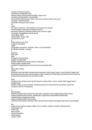 member! menerima berkas
memberkas melepaskan beta
berbeza sama; serupa biadap beradap; sopan bina
membina membinasakan; merobohkan;
meruntuhkan biaing senyap; sepi; sunyi boros cermat; hemat; jimat bujur
membujur melintang buka
membuka menutup buncit kempia
Cc
cabut
mencabut menanam; mencacakkan cacat sempurna campak
mencampakkan memungut; mengutip cantum
bercantum berasing; berpiaah cedera pulih; sembuh cegah
mencegah menggalakkan cemar bersih
cerah gelap; kabur
cerdik bodoh; dungu; tolol
cermat boros; cuai
II
ikhlas curang; pura-Aura
imaginasi kenyataan
ingkar
mengingkari mematuhi; mentaati; menuru iai kulit iatirahat
beriatirahat bekerja; ~ertugas
ii
jaga tidur
jahat balk
jajah
menjajah memerdekakan
terjajah merdeka jalan
berjalan berhenti janda duda jasmani rohani jays
berjaya gagal; kandas jelma
menjelma menghilang jernih keruh jimat boros juta wan fakir
Kk
kabur jelas; terang
kahwin
berkahwin bercerai kalah menang karam terapung; timbul kawan lawan; musuh kebal lut kejam adil;
berperikemanusiaan kelu lancar kemarau hujan; tengkujuh kembali pergi kembang kuncup kembung
kempia kencang perlahan keras lembik; lembut

kerat
mengerat menyambung keruh jernih kesat licin ketara kabur; samar -samar ketat loqggar ketua
pengikut kilau
berkilau malap; suram kota desa; kampung kuala hulu kukuh lemah kusut kemas; rapi kutuk
mengutuk memuji; menyanjung

LI
laba kerugian
berlaba berugi laki-laki perempuan lalai awas; waspada lanjut singkat lapang sempit laung
melaung berbiaik lawan kawan; sahabat layu segar lebar sempit lekas lambat lekat
melekat lekang; tanggal lena sedar
terlena terjaga lengang sibuk lintang
melintang memanjang; membujur lokek pemurah luas sempit lulus gagal lunak keras lurus bengkok

Mm
mahal murah majikan pekerja makan minum makmur melarat; meleset malang bertuah
malapetaka tuah
malas rajin
maju mundur
manusia binatang
marak padam
masam mania
 